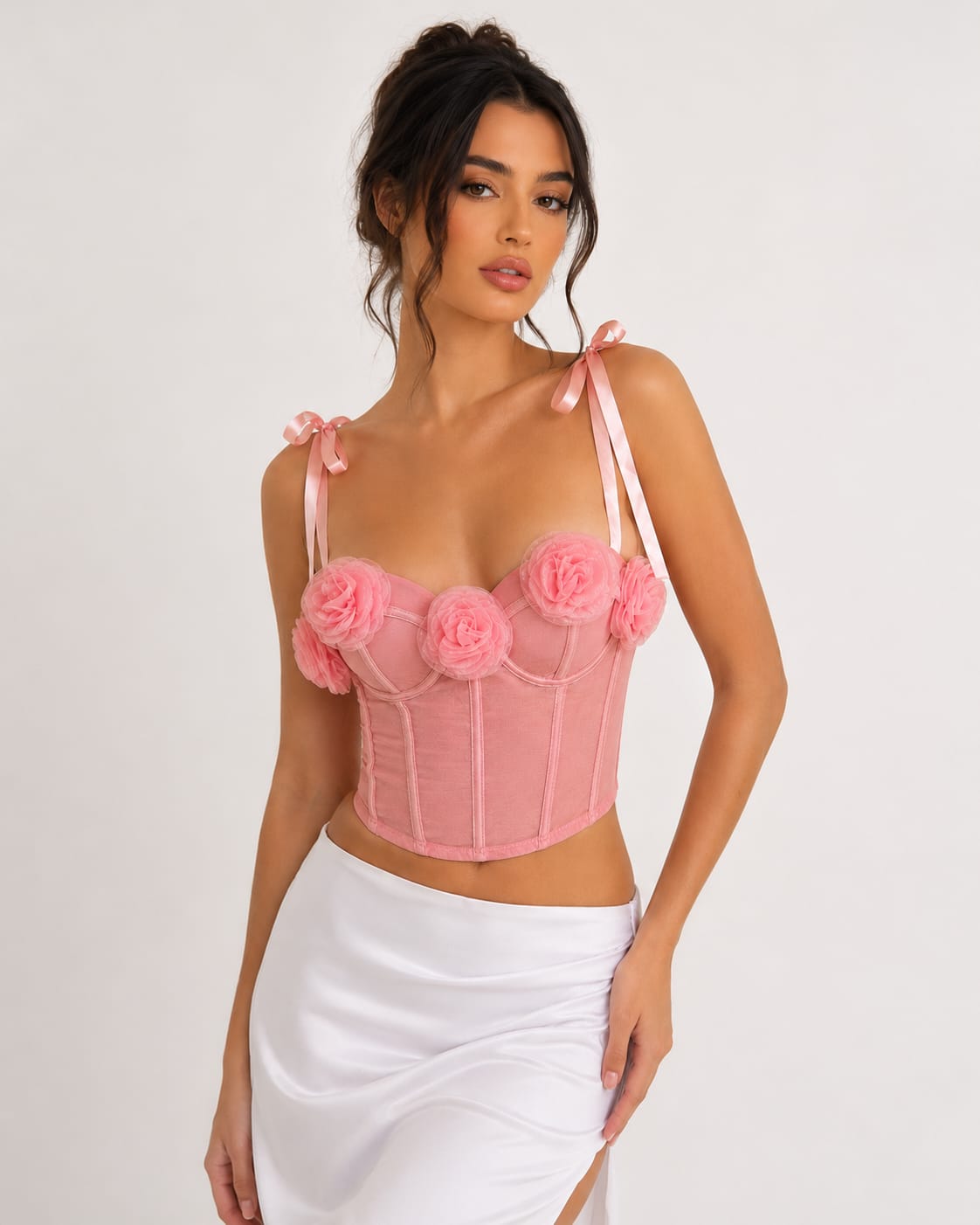 trendy floral top with ribbon straps